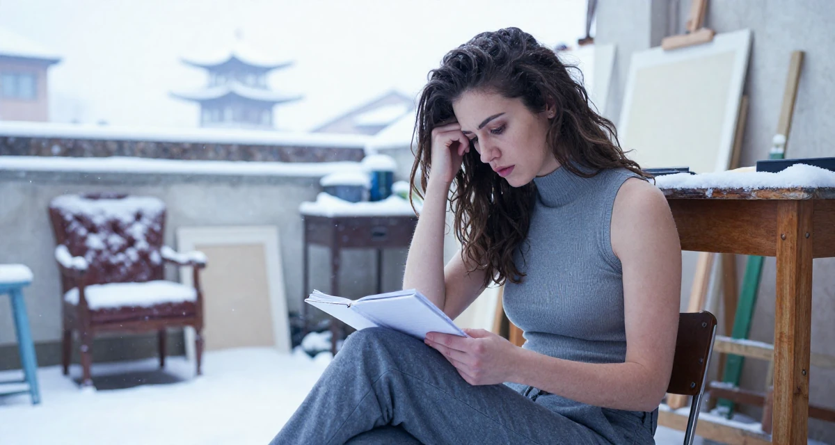 A deeply absorbed Female From Italy, based in Bologna, graduated from a local university majoring in media production in their 24, learning to work through emotional lows, wearing a fitted vest top worn without a shirt underneath and slacks, holding a notebook in a messy artist studio.