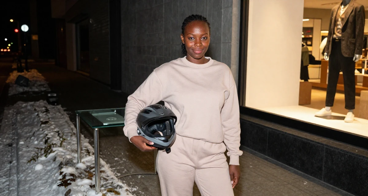 A smiling gently Female From Tanzania, studied wildlife conservation in their 35, creating plant-based recipes for families, wearing a soft pastel-colored ensemble, holding a helmet under one arm in a snowy sidewalk.