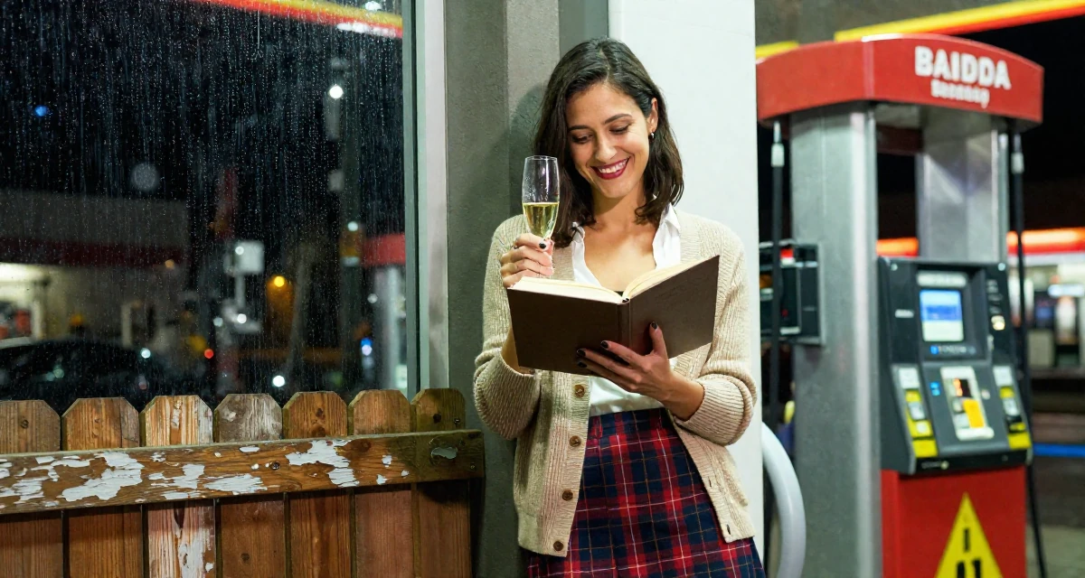 A pleased Female From Canada, trained in advertising and branding in their 48, documenting the process of writing a memoir, wearing a classic librarian style cardigan and a plaid skirt, holding a champagne glass in a gas station at night.