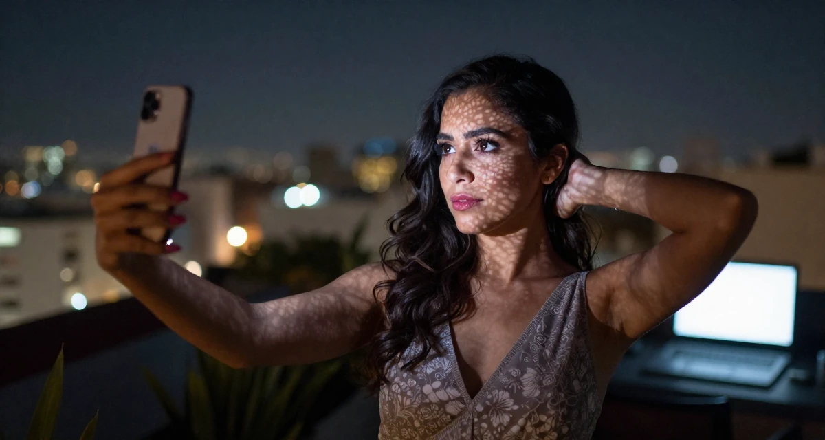 A thoughtful Female From Mexico, studied graphic design and illustration in their 23, exploring flirtatious selfies that feel natural, wearing a elegant evening casual wear, snapping a photo with a phone in a rooftop terrace.