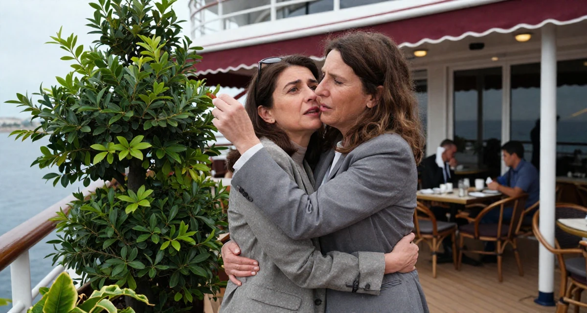 A emotional Female From Thessaloniki Greece, majored in international economics in their 40, inspiring others to chase dreams at any age, wearing a smart casual blazer ensemble, picking something up in a cruise ship deck.