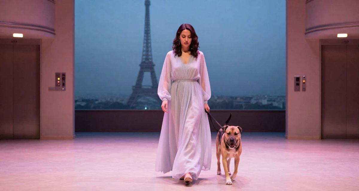 A focused Female From Lebanon, based in Beirut, graduated from a creative institute majoring in expressive photoshoot styling in their 43, creating a supportive space for menopause, wearing a ethereal spirit dress made of flowing sheer chiffon, walking a dog (leash visible) in a empty theater stage.
