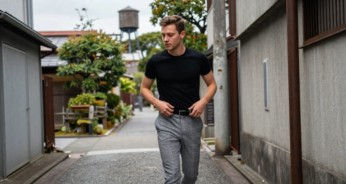 A refreshed male Raised in Sweden, studied creative technology in their 22, experimenting with cosplay or themed shoots, wearing a grey plaid trousers and a fitted black tee, adjusting a belt in a urban street.