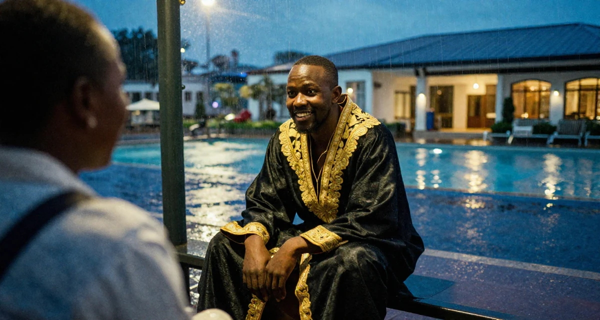 A curious male From Mombasa Kenya, studied hospitality in their 42, single and thriving in a new city, wearing a high-fantasy sorceress robe with gold embroidery, smiling at a stranger in a bus stop in the rain.