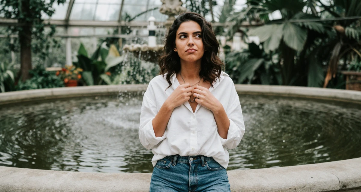 A mischievous Female From Milan Italy, trained in fashion-editorial posing in their 20, experiencing the first taste of freedom away from home, wearing a effortless white blouse and jeans, fiddling with a necklace in a botanical greenhouse.