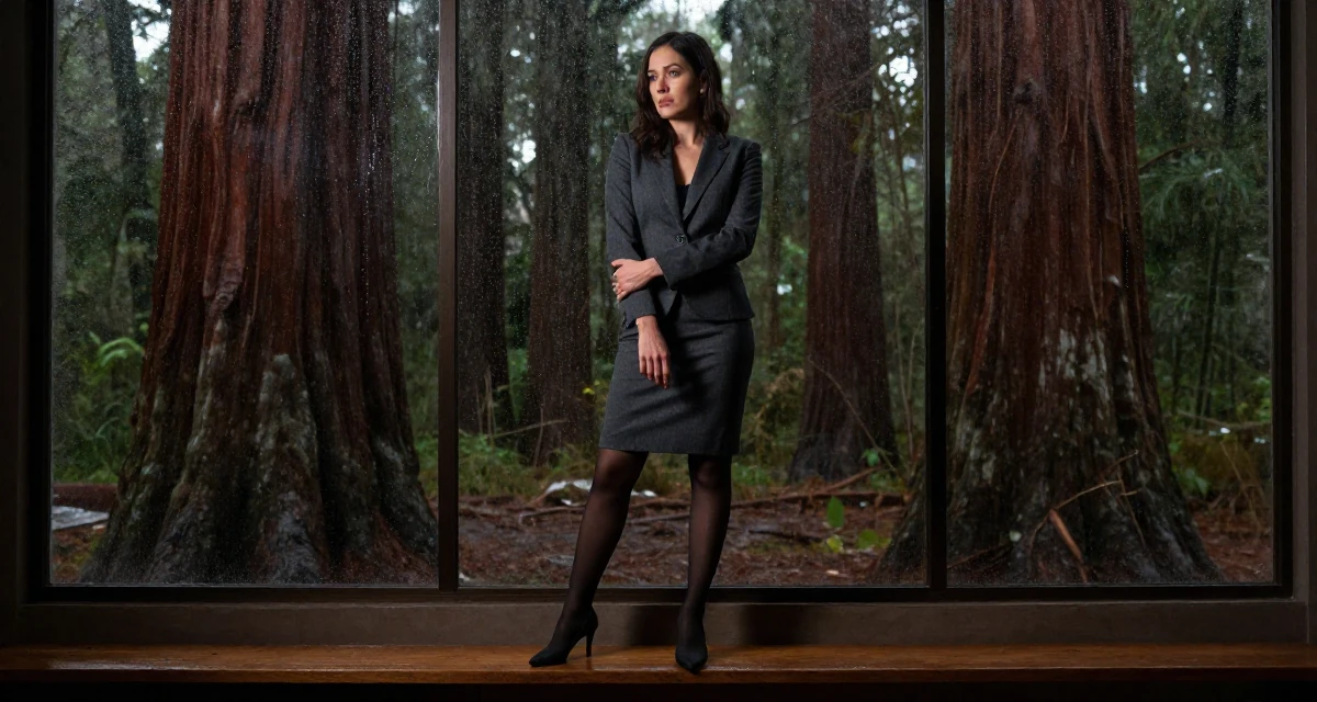 A stoic Female From Guadalajara Mexico, majored in business analytics in their 30, freelancing after a layoff, wearing a black stockings and a charcoal business suit skirt, adjusting sleeves in a rainy window seat.