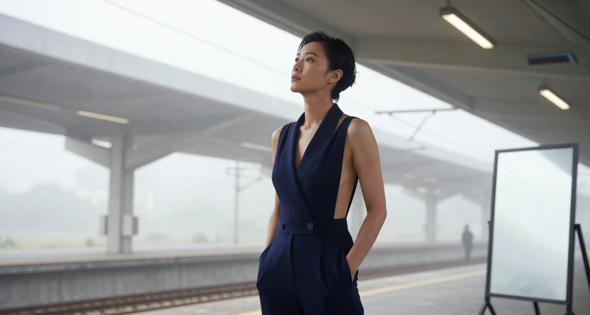 A stoic and strong Female From Guangzhou China, learned fashion styling through studio work in their 49, expert in antique restoration and design, wearing a fitted jumpsuit with an open back design, gazing at the sky in a train platform.