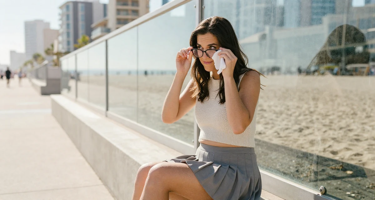 A witty Female From USA, studied marketing and consumer behavior in their 36, preparing for a second child, wearing a cropped sweater vest and a pleated mini skirt, cleaning glasses with a cloth in a beach promenade.