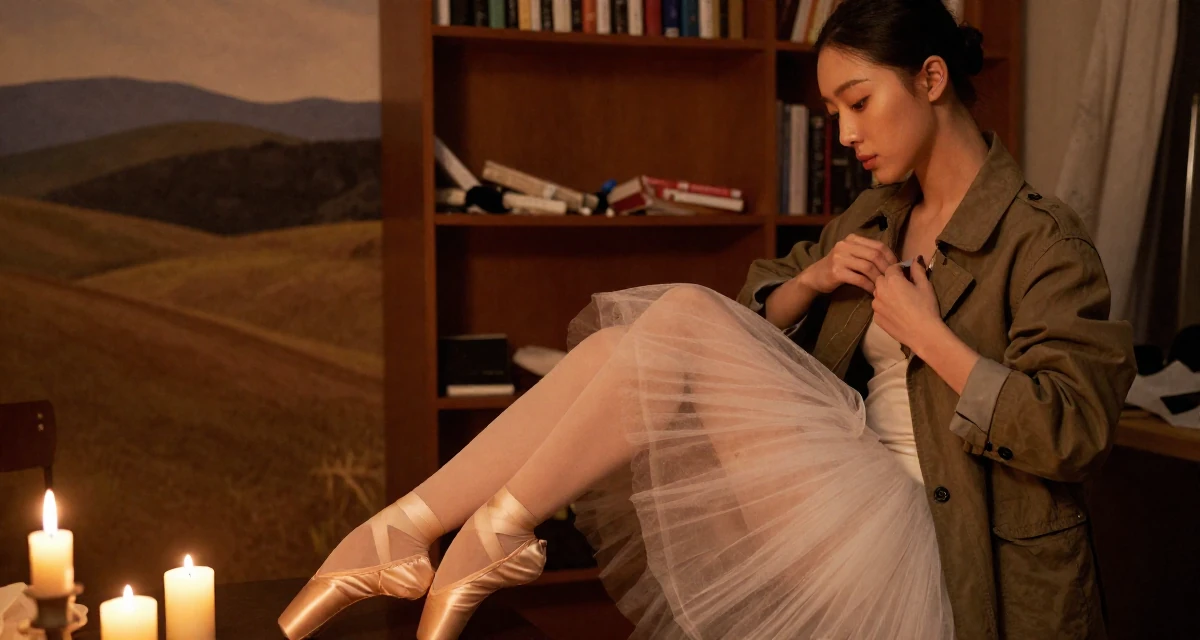 A ethereal Female From Taiwan, based in Taichung, graduated from an arts academy majoring in visual storytelling in their 23, realizing self-promotion is a full-time job with no salary, wearing a ballet tutu and satin pointe shoes, buttoning a jacket in a backstage dressing room.