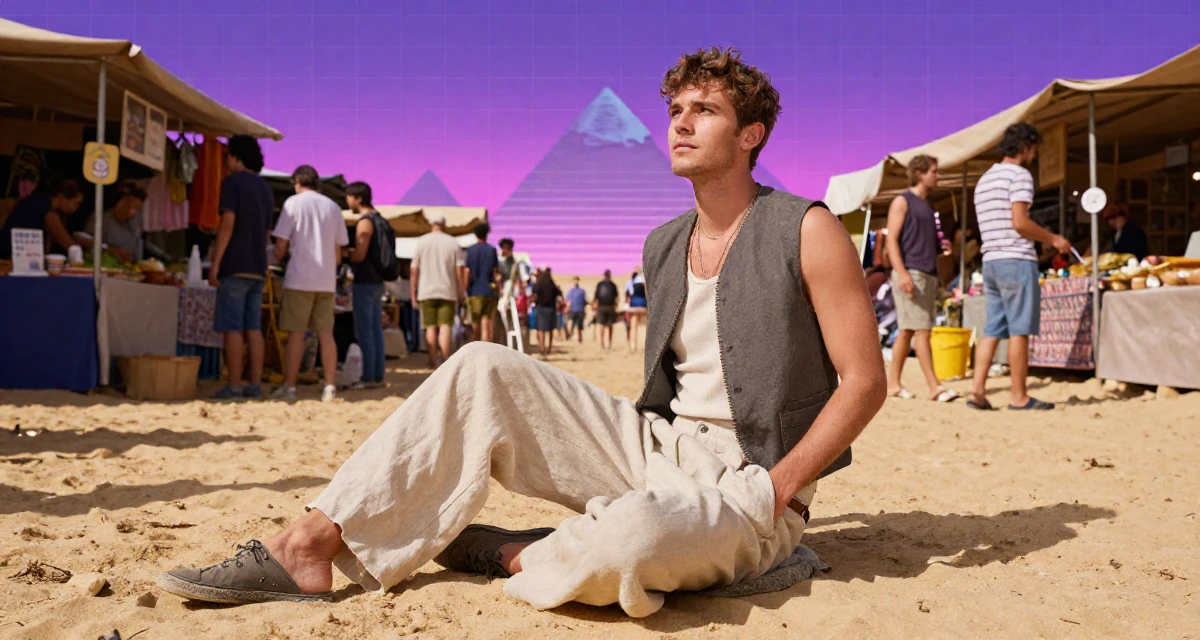 A dreamy male From England, studied film and television in their 43, mentoring young professionals in the field, wearing a sleeveless vest top and wide-leg linen pants, sliding a hand into a pocket in a bustling market.