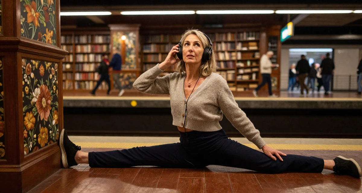 A curious and focused Female From Valencia Spain, learned lifestyle videography for warm climates in their 50, sharing the secrets of graceful aging, wearing a cropped cardigan with only one button fastened, listening to music with headphones in a subway platform.
