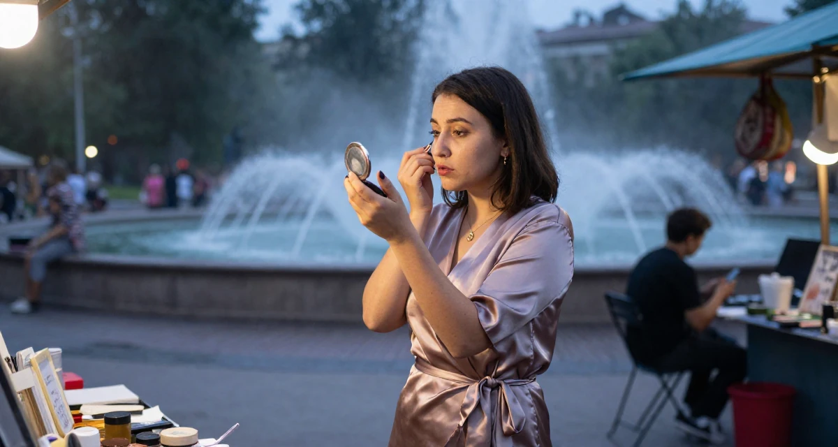 A soulful Female From Kazakhstan, based in Almaty, graduated from a state university majoring in journalism in their 20, working a chaotic part-time job, wearing a satin wrap dress tied loosely at the waist, checking makeup in a compact mirror in a night market stall.