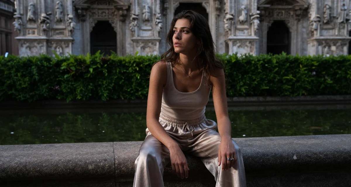 A relaxed and observant Female From Milan Italy, studied fashion styling in their 22, facing uncertainty about future stability, wearing a loose silk trousers and a fitted tank top, playing with a ring on a finger in a gothic cathedral interior.