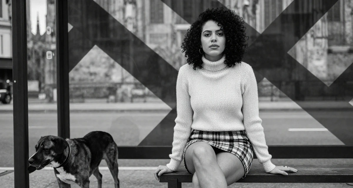 A commanding Female From Brazil, studied software engineering in their 25, embracing full creative control over a bold persona, wearing a fitted merino wool sweater and plaid mini skirt, walking a dog (leash visible) in a bus stop.