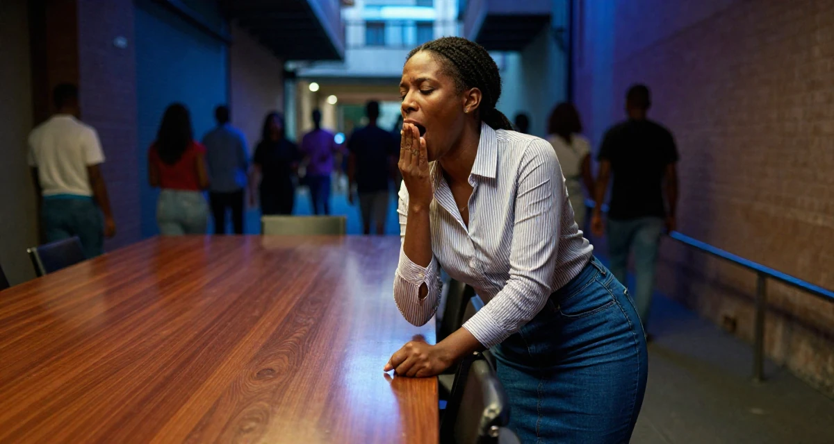 A patient Female From Angola, majored in logistics operations in their 25, exploring safe ways to promote content without judgment, wearing a striped button-down shirt tucked into a denim pencil skirt, yawning discreetly in a neon-lit alleyway.