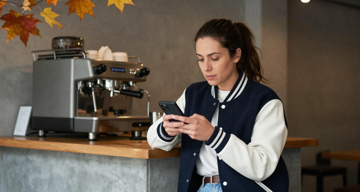 A assured Female Once a warehouse picker, now building a creator brand from scratch in their 32, building a side hustle while working full-time, wearing a casual varsity jacket look, checking a notification on a phone in a trendy coffee shop.