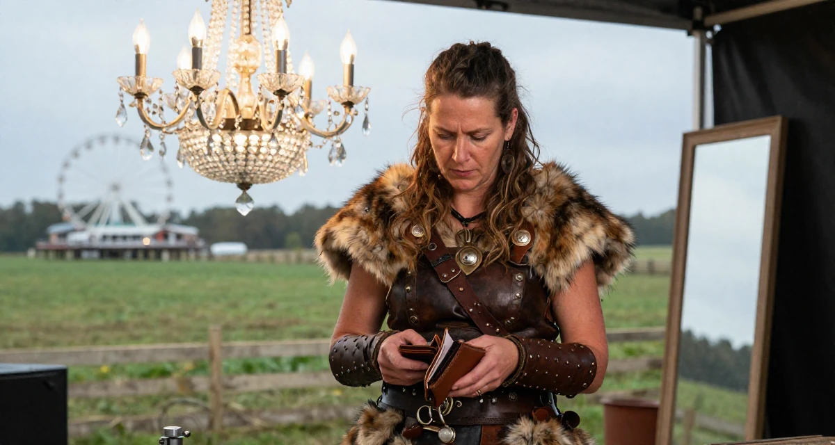 A sentimental Female From Hamburg Germany, majored in sociology in their 40, turning a lifelong hobby into a profession, wearing a barbarian warrior outfit with faux fur and leather, checking a wallet in a farm field.