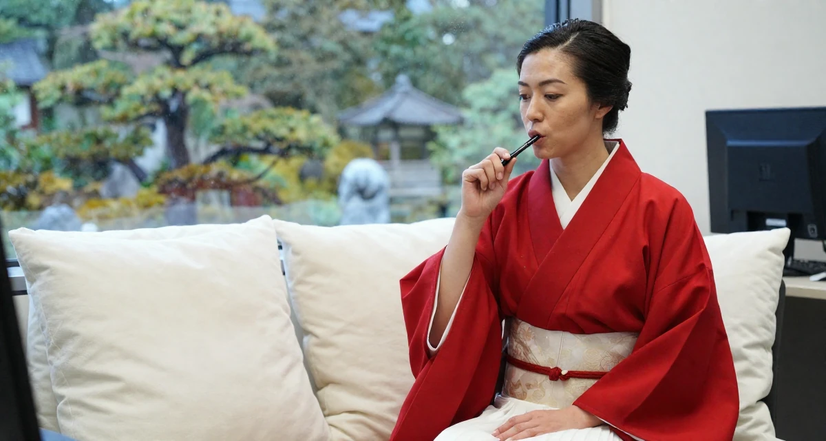 A sophisticated Female From Belgium, studied film production in their 25, handling first DMs from subscribers respectfully, wearing a traditional Japanese miko priestess robe in red and white, chewing on a pen thoughtlessly in a office break room.