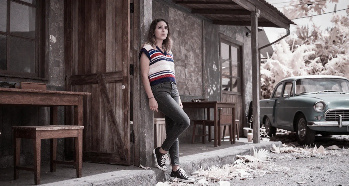 A worried Female From Colombia, based in Cali, graduated from a local arts school majoring in glam-focused digital media in their 23, making decisions that will shape future lifestyle, wearing a preppy sweater vest combo, stepping onto a curb in a industrial loft.