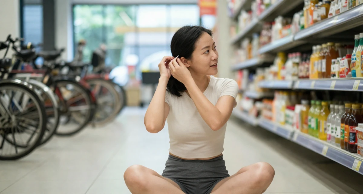 A affectionate Female From Hanoi Vietnam, practiced boudoir photography concepts in their 38, documenting a home gym transformation, wearing a casual weekend brunch outfit, adjusting a hairpin in a supermarket aisle.