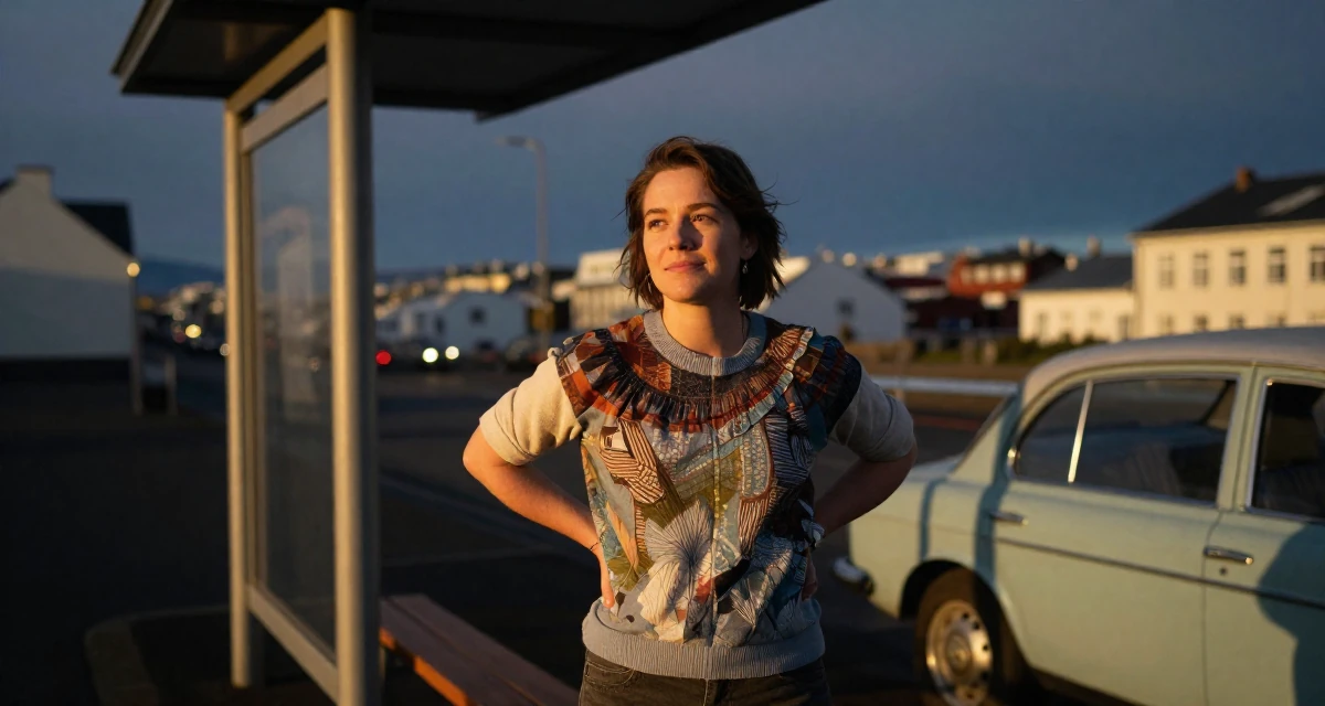 A satisfied Female From Iceland, majored in renewable energy studies in their 27, feeling more comfortable in their own skin, wearing a artistic layered clothing, shifting weight impatiently in a bus stop.