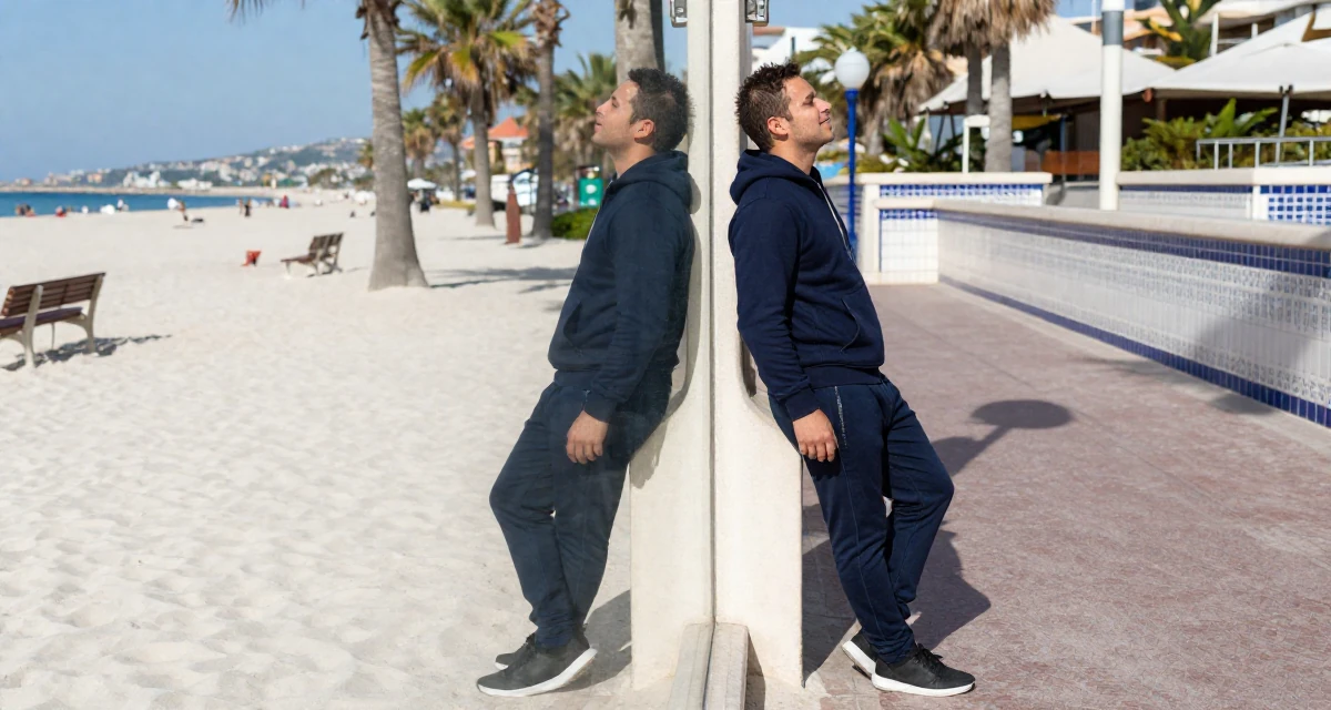 A hopeful male From Marseille France, majored in culinary arts in their 24, maintaining anonymity while growing faster, wearing a classic navy blue ensemble, zipping up a hoodie in a tropical white sand beach.