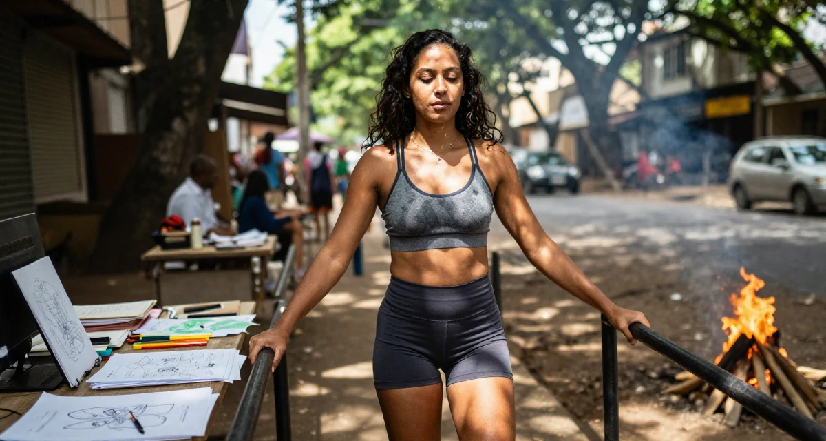 A tranquil Female From Nairobi Kenya, holds a degree in communications in their 29, learning self-discipline the hard way, wearing a strappy gym top and compression shorts, grabbing a railing for support in a bustling city street.