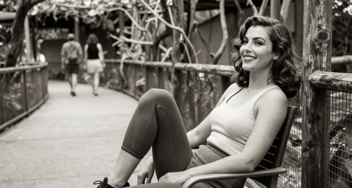 A radiant Female From Singapore, based in Tampines, graduated from a polytechnic majoring in business analytics in their 23, recovering from early career burnout, wearing a sporty athleisure look, crossing legs in a zoo enclosure path.