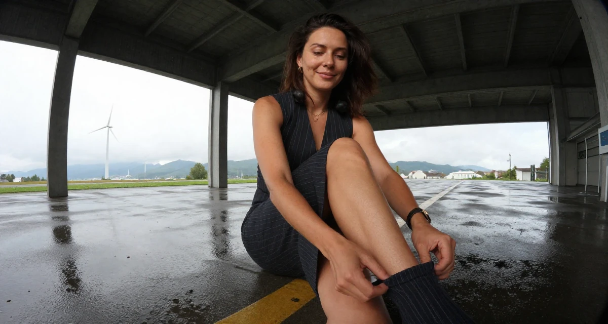 A peaceful Female From Salzburg Austria, practiced soft-aesthetic lifestyle content in their 48, preparing for long-term financial planning, wearing a pinstripe pencil skirt and a matching vest top, pulling up a sock in a industrial loft.