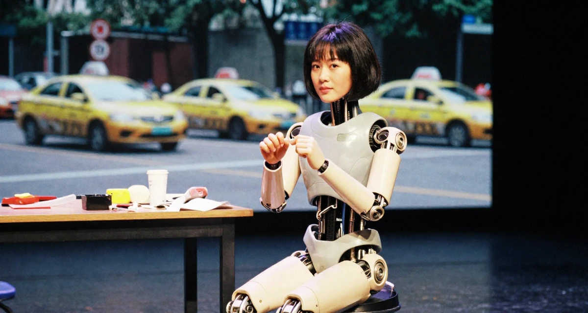 A composed Female From China, based in Chengdu, graduated from a vocational college majoring in digital communication in their 40, sharing the joy of adoption and family, wearing a cybernetic doll outfit with porcelain-like skin textures, cracking knuckles in a theater stage.