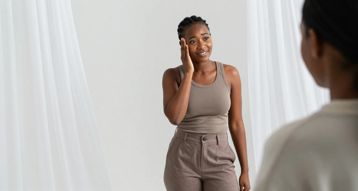 A worried Female From Tanzania, studied wildlife conservation in their 44, navigating divorce and finding new happiness, wearing a fitted vest top worn without a shirt underneath and slacks, smiling at a stranger in a home interior.