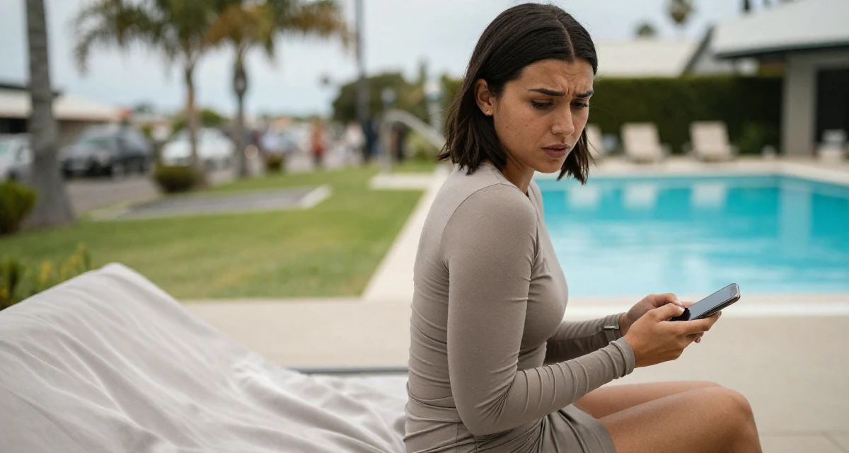 A emotional Female From Australia, studied event management in their 22, forming early ideas of personal branding, wearing a mini wrap skirt and a fitted long-sleeve top, checking a phone in a swimming pool deck.