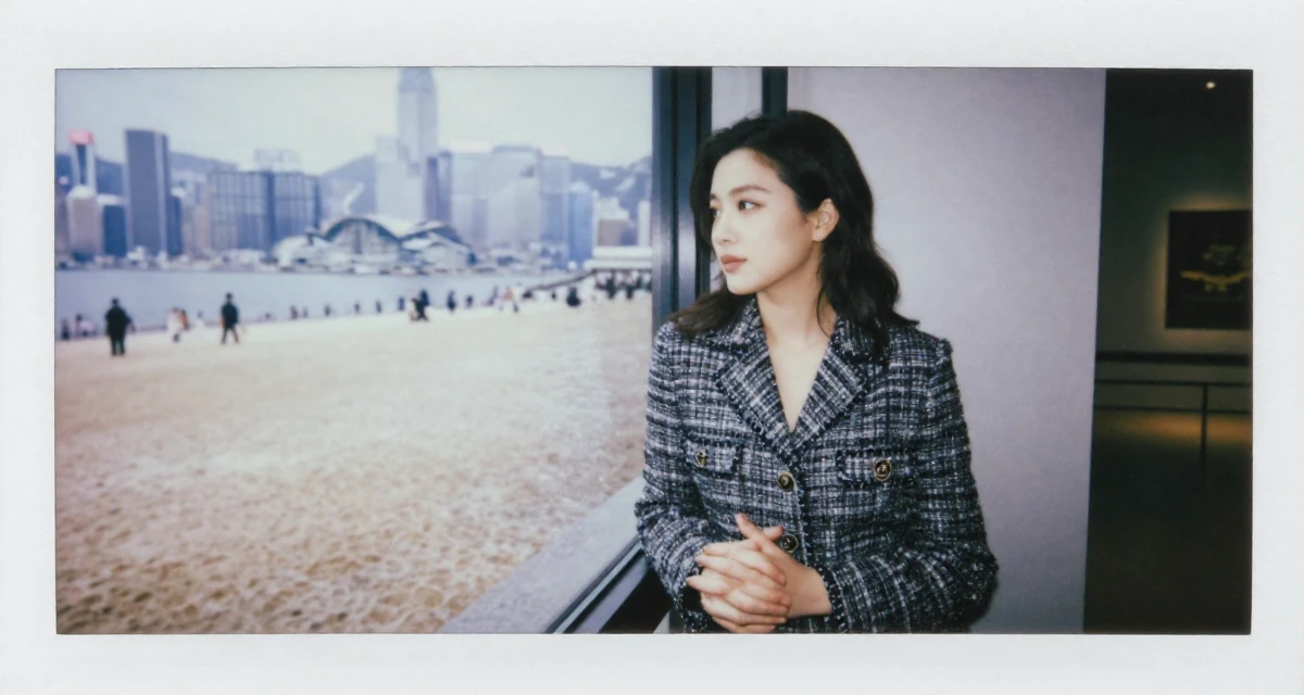 A dreaming Female From Hong Kong, studied digital media arts in their 24, choosing props that elevate sensual tension, wearing a classic chanel style tweed suit, clasping hands together in a museum exhibit.