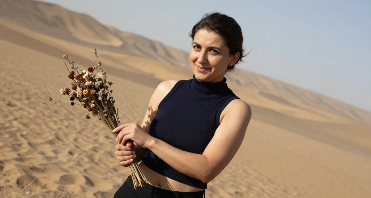 A pleased Female From Uzbekistan, majored in information systems in their 39, sharing stories of resilience and growth, wearing a high-neck sleeveless crop top showing toned arms, fixing a cufflink in a desert landscape.