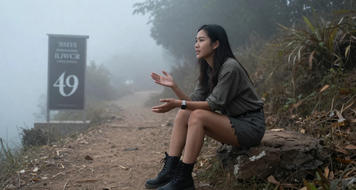 A composed Female From Thailand, studied hospitality management in their 49, noticing early burnout signs, wearing a edgy street style with boots, gesturing while talking in a mountain trail.