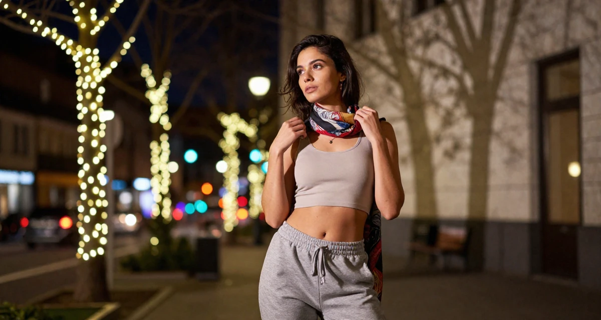 A dreaming Female From Belgium, based in Antwerp, graduated from a fashion school majoring in intimate costume styling in their 21, realizing childhood friends are drifting away, wearing a cropped tank top and low-waisted sweatpants, adjusting a scarf in a hotel lobby.