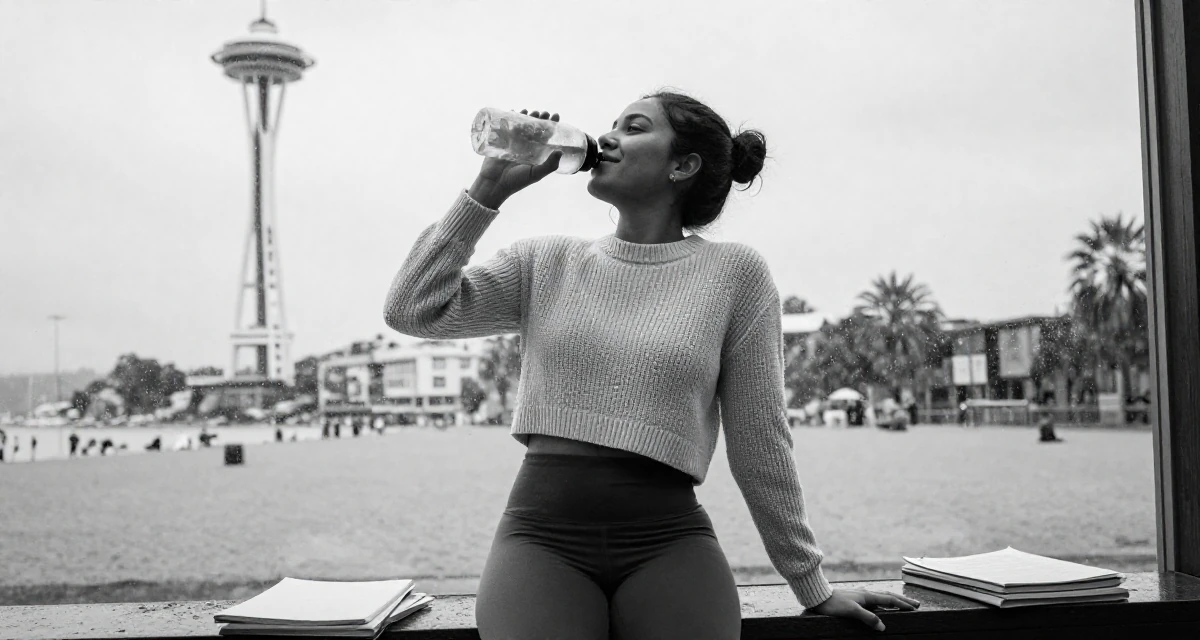 A sweet Female From Mozambique, studied environmental science in their 25, balancing school assignments with content ideas, wearing a cropped knitted sweater and form-fitting yoga pants, drinking from a water bottle in a beach promenade.