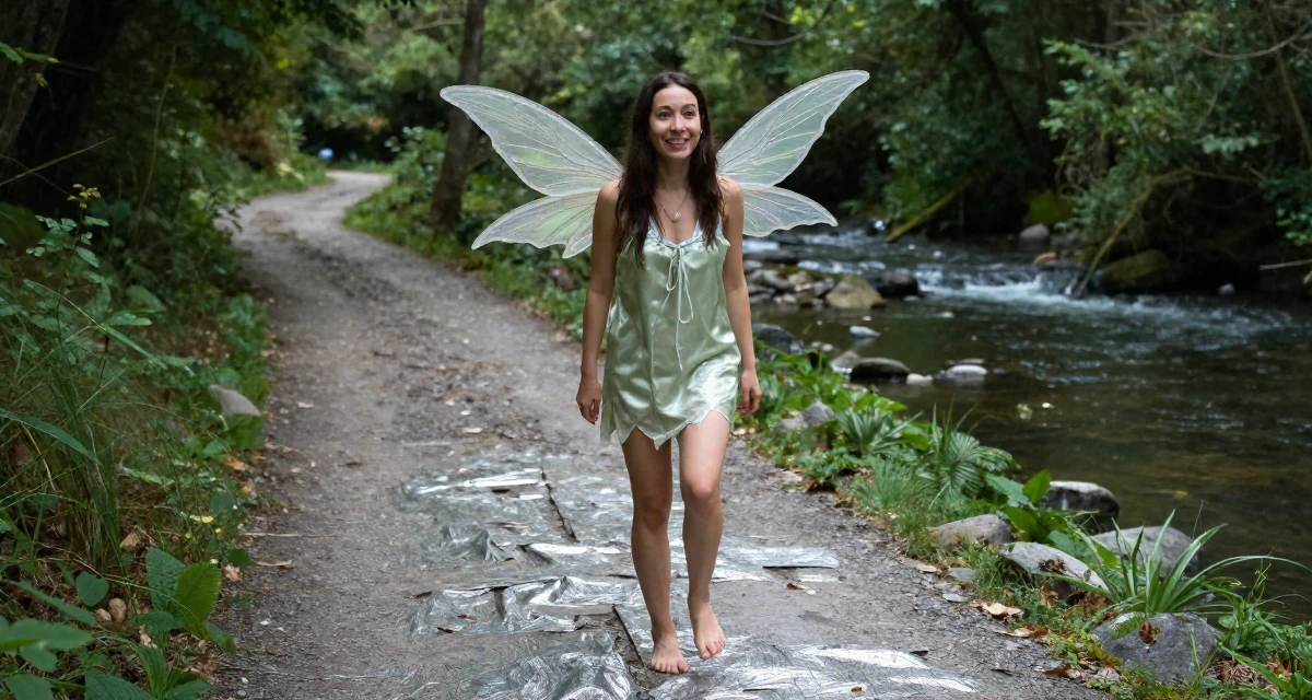 A subtly surprised Female Once a bookstore clerk, now offering cozy aesthetic subscription content in their 27, forcing yourself to smile in content on bad days, wearing a fairy costume with translucent iridescent wings, pausing mid-step in a forest path.