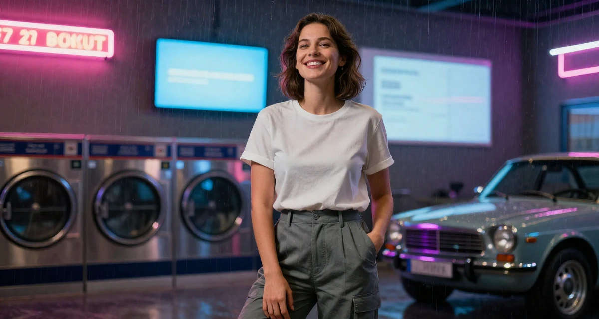 A joyful Female From Germany, has a background in psychology in their 27, embracing natural beauty and minimalism, wearing a urban minimalist silhouette, putting hands in pockets in a laundromat with neon signs.