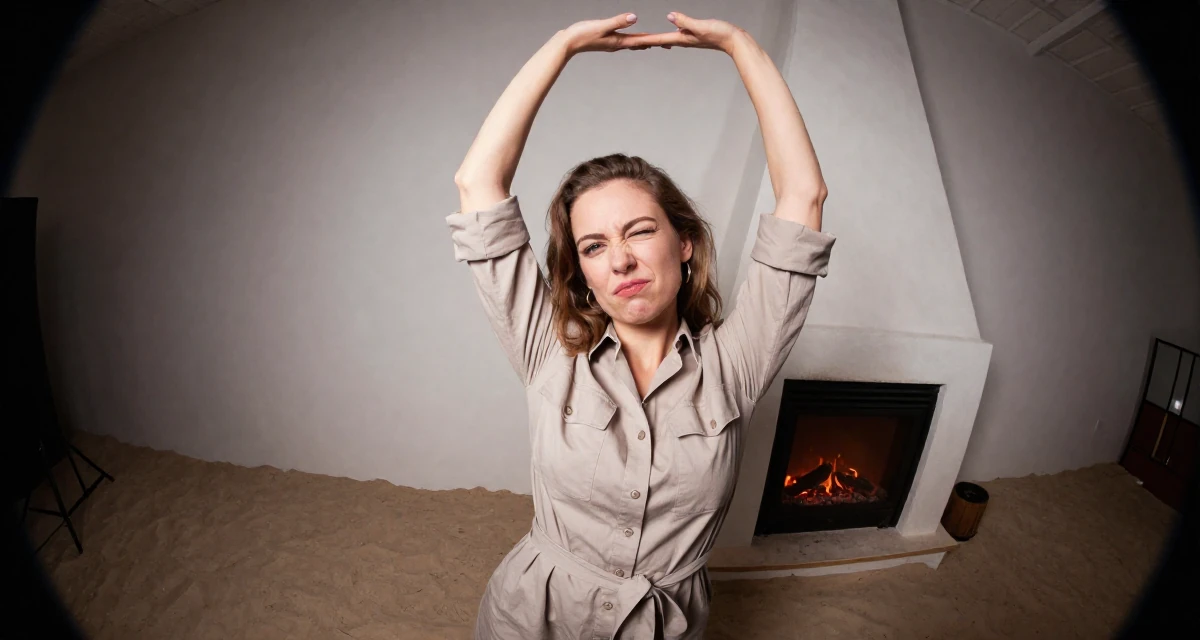 A commanding Female From Helsinki Finland, practiced emotional expression through self-portrait art in their 26, working through back-to-back burnout cycles, wearing a belted shirt dress with rolled sleeves, winking playfully in a photo studio.