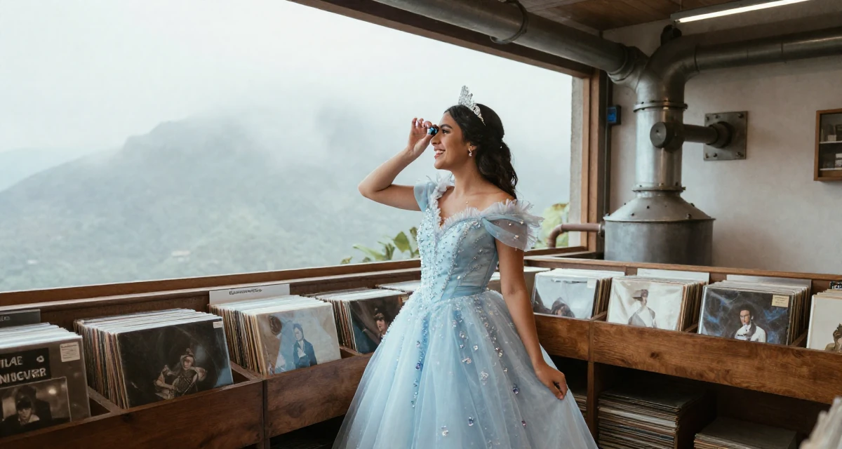 A enthusiastic Female From El Salvador, studied social communication in their 26, learning that trends shift faster than energy can keep up, wearing a snow queen gown with ice crystal details, looking through a bag in a vintage record store.