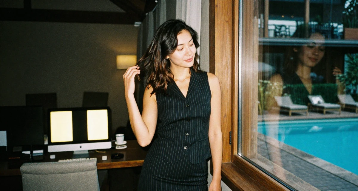 A peaceful Female From Geneva Switzerland, studied international hospitality in their 23, building consistency in personal projects, wearing a pinstripe pencil skirt and a matching vest top, checking a reflection in a window in a barn interior.