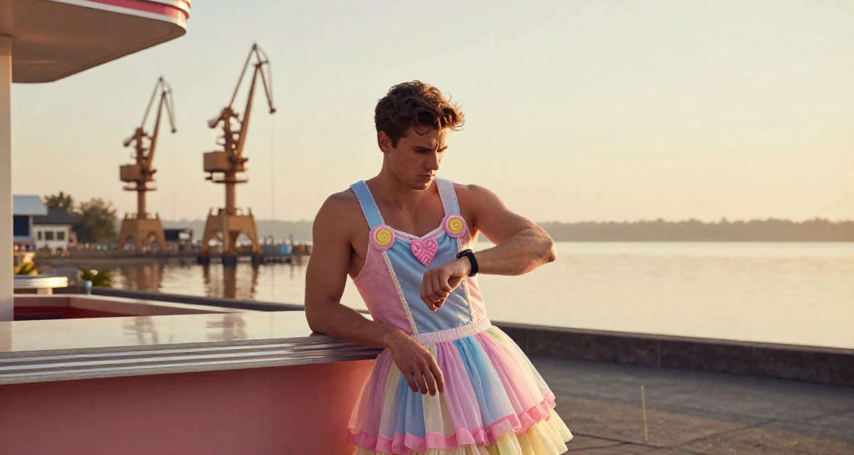 A cynical male Once a lifeguard, now shooting athletic, beach-centered content in their 22, worrying about disappointing early supporters, wearing a candy-themed magical girl dress with pastel colors, checking a wristwatch in a retro 50s diner.
