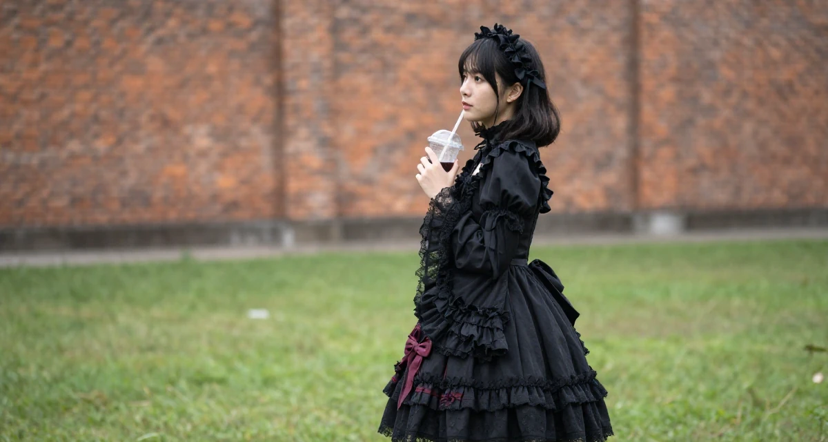 A wistful male From Malaysia, based in Malacca, graduated from a creative college majoring in sensual composition design in their 25, exploring lifestyle options and boundaries, wearing a elaborate gothic lolita dress with frills and lace, holding a cold drink in a grassy field.