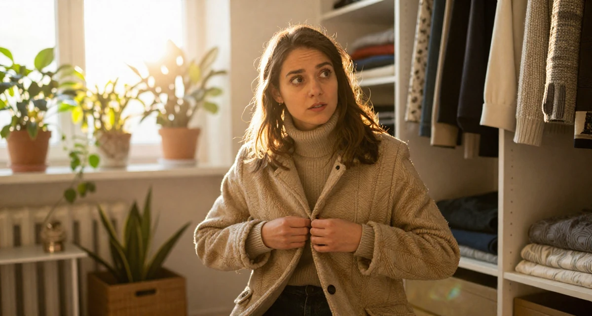 A curious and focused Female From Hamburg Germany, majored in sociology in their 22, confronting self-doubt in early career roles, wearing a warm winter layered look, buttoning up a jacket in a walk-in closet.