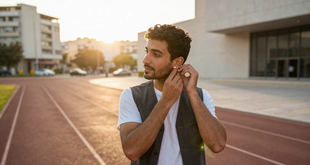 A peaceful male From Algeria, studied visual communication in their 26, searching for a partner with shared values, wearing a casual vest and t-shirt layer, putting on earrings in a running track.