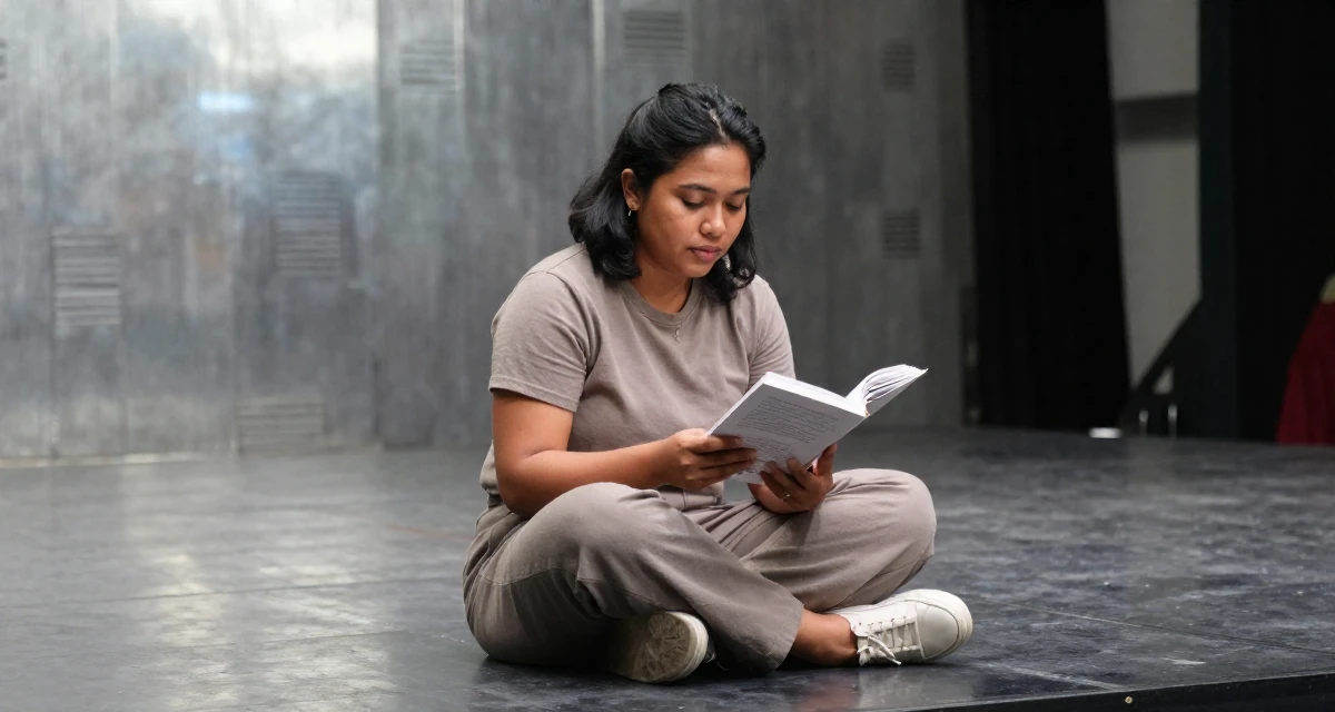 A refreshed Female From Jakarta Indonesia, developed body-positive messaging through community work in their 24, learning to prioritize emotional well-being, wearing a muted earth-tone clothing set, opening a book in a empty theater stage.