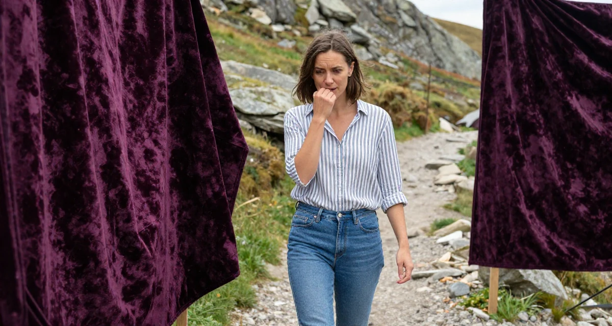 A judgemental Female From Rotterdam Netherlands, majored in logistics management in their 47, art collector sharing gallery experiences, wearing a classic striped shirt and jeans, biting the lower lip softly in a mountain trail.