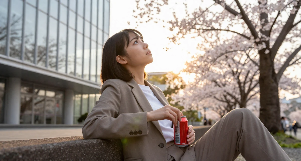 A zen-like Female From Japan, majored in mechanical engineering in their 21, full of rebellious spirit and curiosity, wearing a smart casual blazer ensemble, opening a soda can in a cherry blossom park.