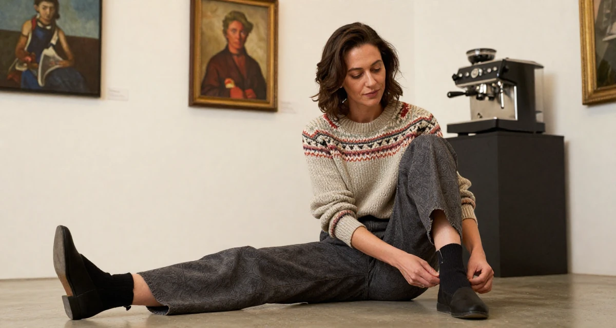 A peaceful Female From Angola, majored in logistics operations in their 47, revitalizing a marriage after twenty years, wearing a vintage sweater and high-waist pants, pulling up a sock in a art gallery hall.